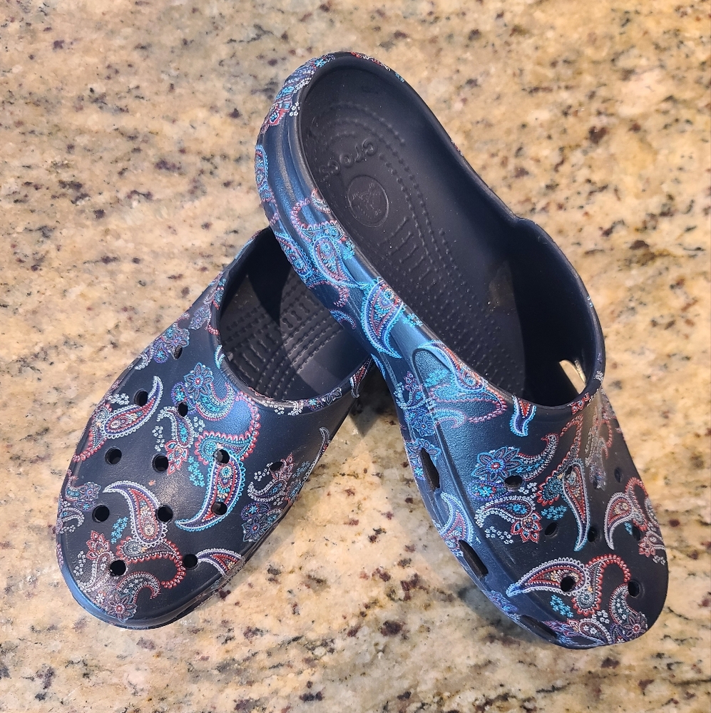 CROCS Paisley Patterned Mules Navy Blue